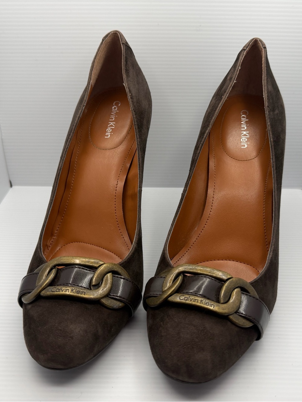 Calvin Klein Dark Brown Suede Pumps with Gold Chain Accent